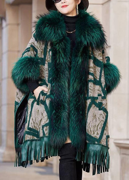 Green Fox Collar Pockets Leather and Fur Coat Long Sleeve