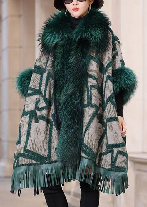 Green Fox Collar Pockets Leather and Fur Coat Long Sleeve
