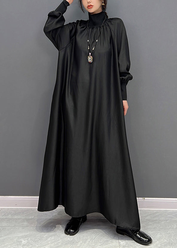 Green Hign Neck Wrinkled Patchwork Silk Long Dresses Fall