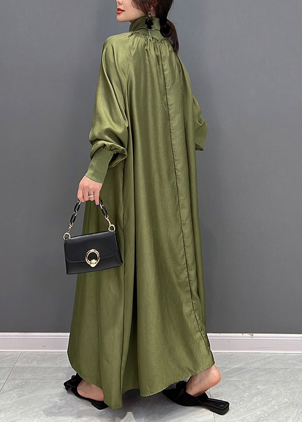 Green Hign Neck Wrinkled Patchwork Silk Long Dresses Fall