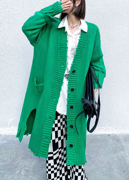 Green Hole Side Open Button Fall Knit Long Sleeve Cardigan