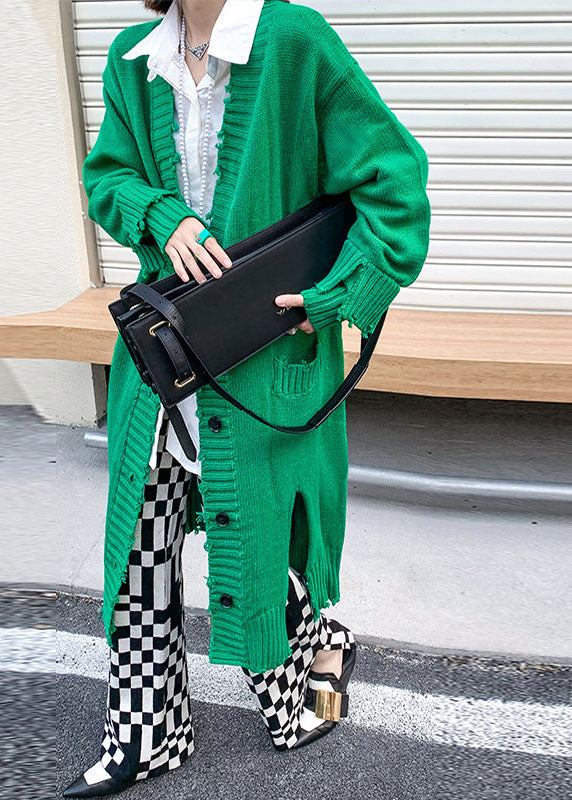 Green Hole Side Open Button Fall Knit Long Sleeve Cardigan