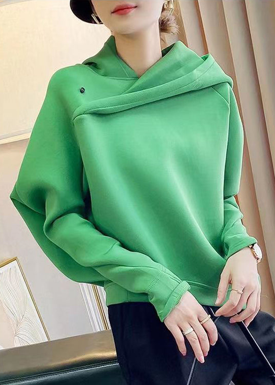 Green Hooded Asymmetrical Design Patchwork Cotton Sweatshirts Fall