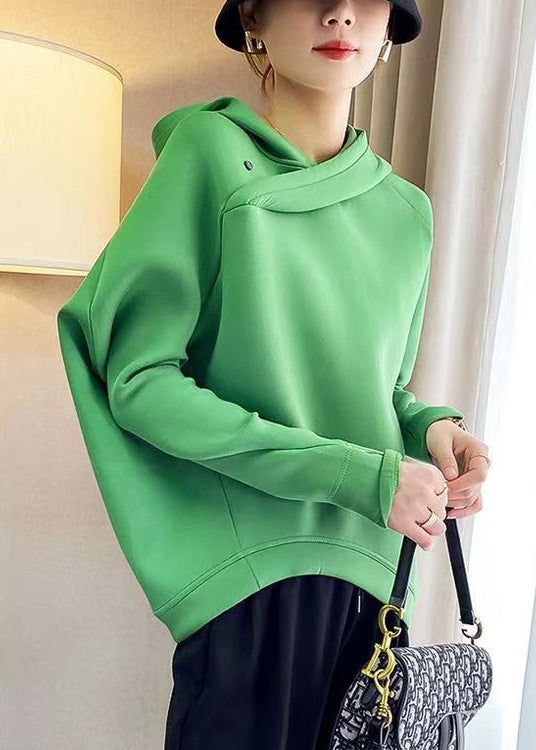 Green Hooded Asymmetrical Design Patchwork Cotton Sweatshirts Fall