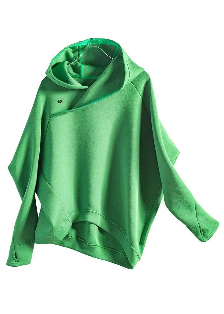 Green Hooded Asymmetrical Design Patchwork Cotton Sweatshirts Fall