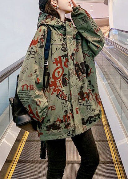 Green Hooded Letter Pockets Cotton Coats Spring