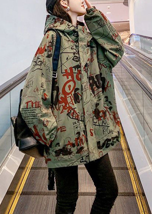 Green Hooded Letter Pockets Cotton Coats Spring