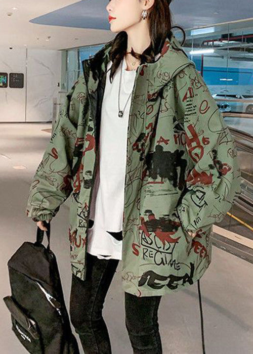 Green Hooded Letter Pockets Cotton Coats Spring