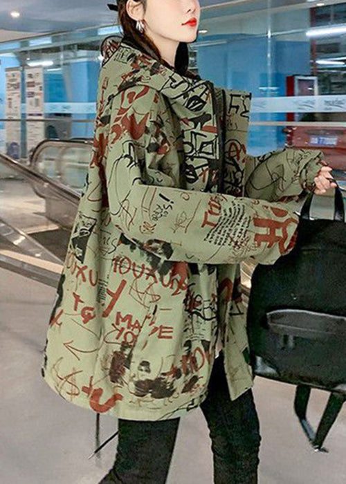 Green Hooded Letter Pockets Cotton Coats Spring