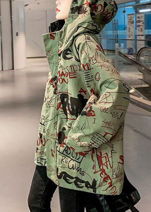 Green Hooded Letter Pockets Cotton Coats Spring