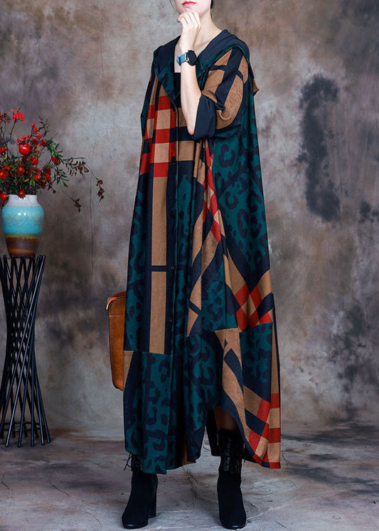 Green Hooded Plaid Leopard Patchwork Cotton Trench Coat Long Sleeve