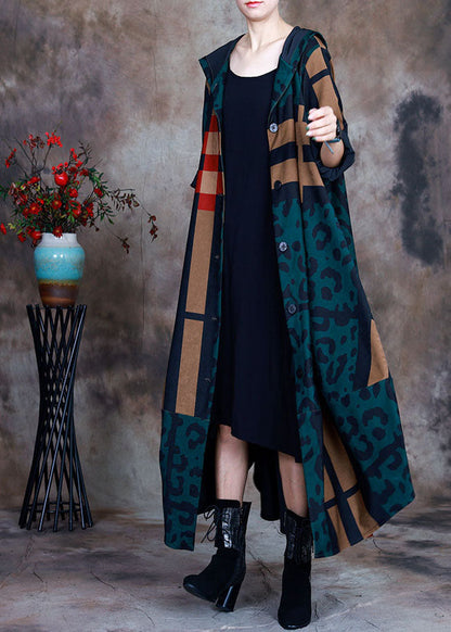 Green Hooded Plaid Leopard Patchwork Cotton Trench Coat Long Sleeve