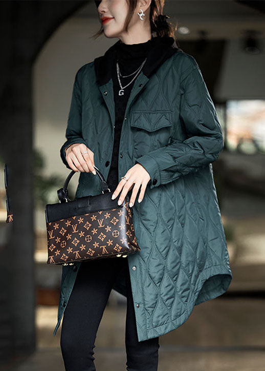Green Hooded Pockets Patchwork Fine Cotton Filled Winter Coats