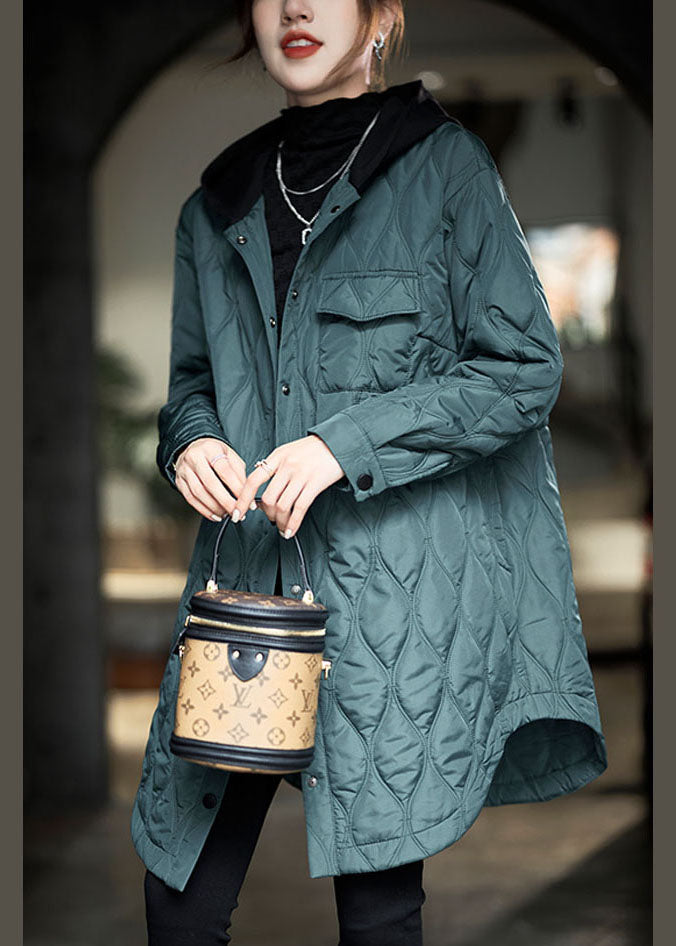 Green Hooded Pockets Patchwork Fine Cotton Filled Winter Coats