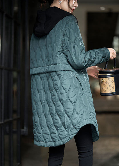 Green Hooded Pockets Patchwork Fine Cotton Filled Winter Coats