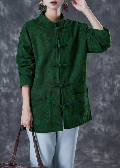 Green Jacquard Chinese Button Cotton Coats Fall