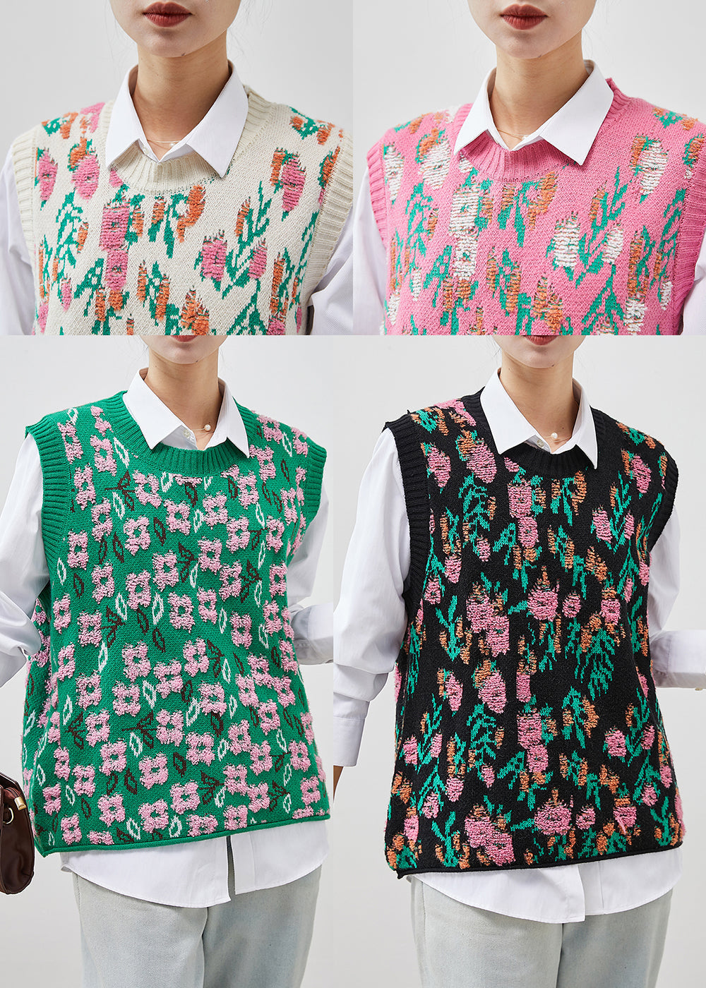 Green Jacquard Chunky Knit Vests Winter