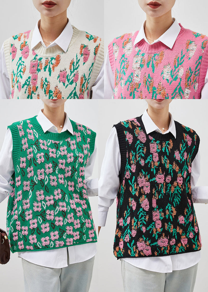 Green Jacquard Chunky Knit Vests Winter