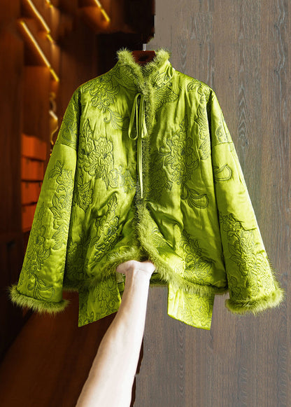 Green Lace Up Mink Hair Patchwork Silk Parka Winter