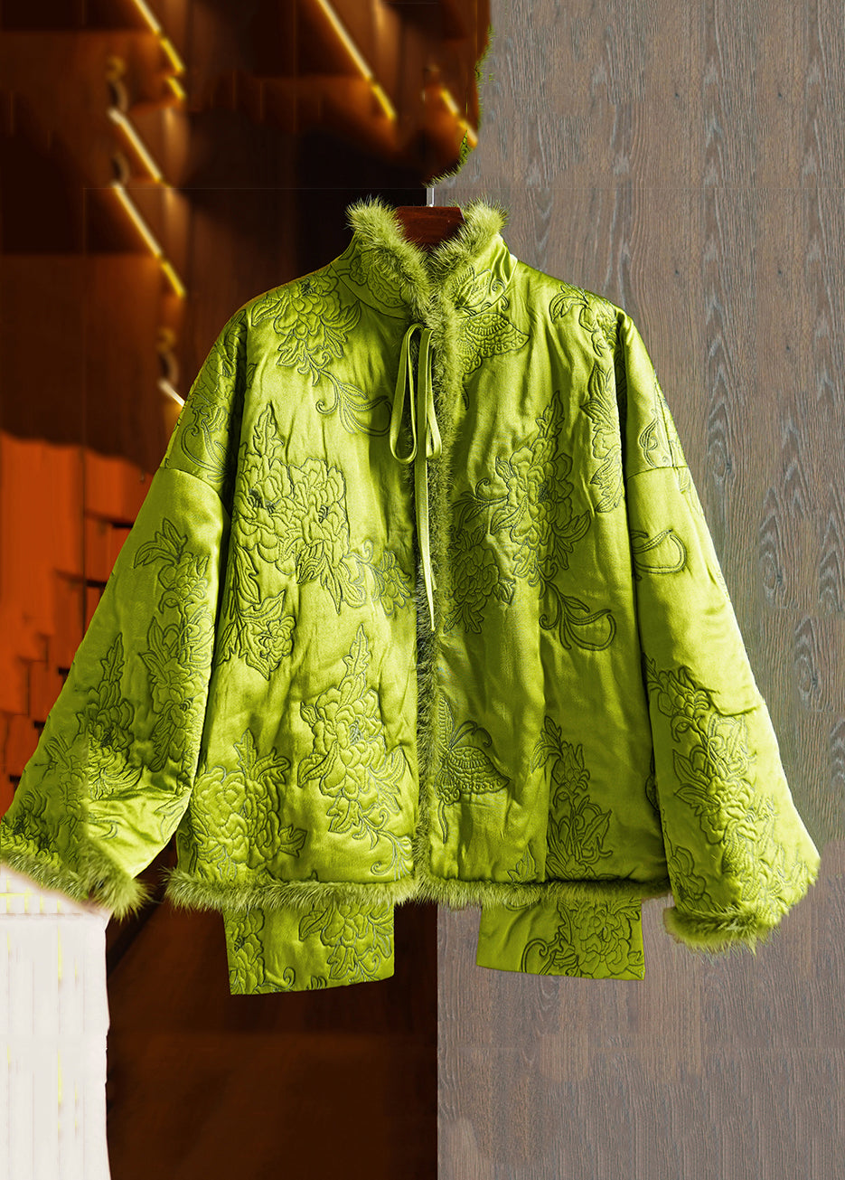 Green Lace Up Mink Hair Patchwork Silk Parka Winter