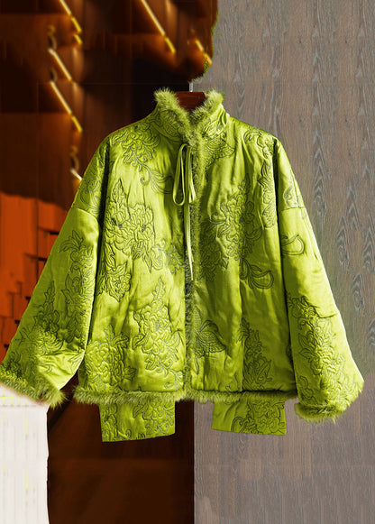 Green Lace Up Mink Hair Patchwork Silk Parka Winter