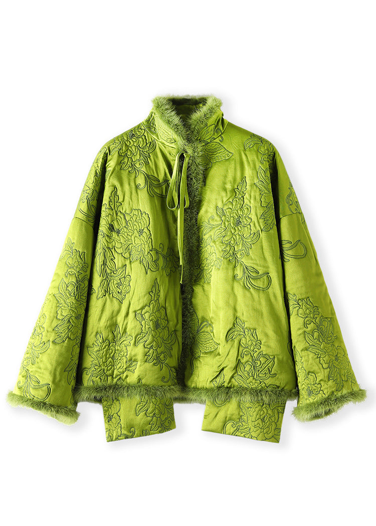 Green Lace Up Mink Hair Patchwork Silk Parka Winter
