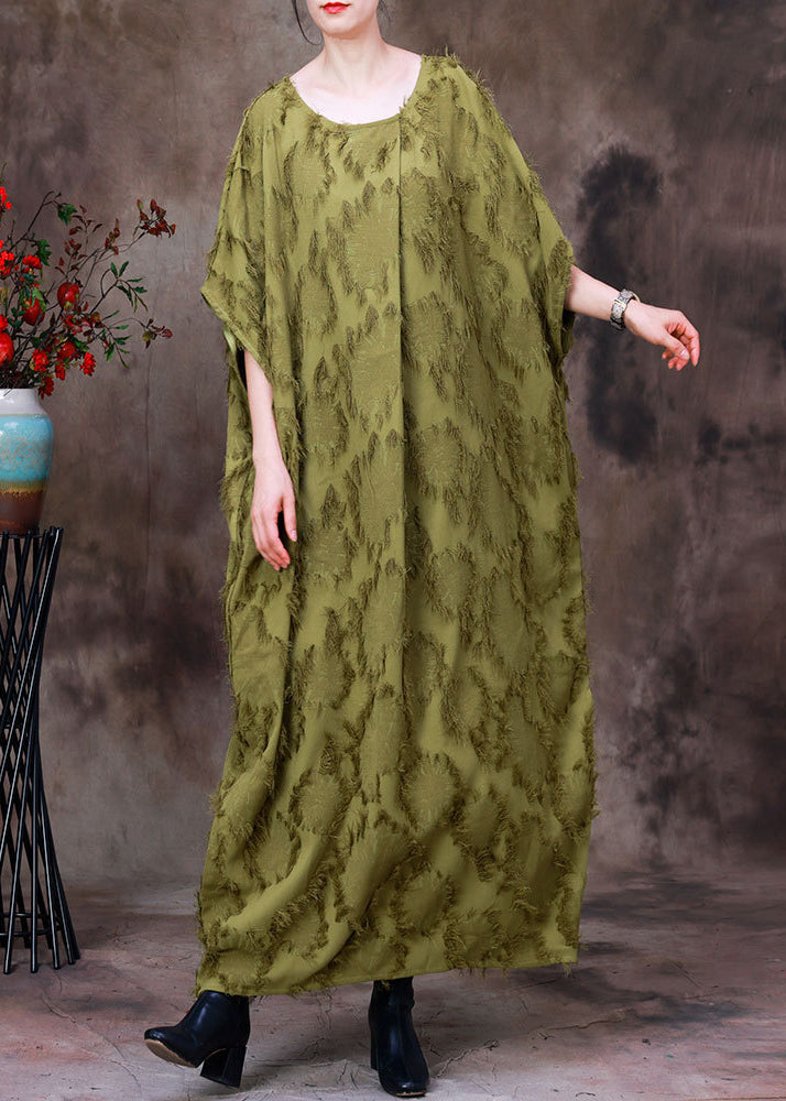 Green O-neck Asymmetrical Print Woolen Long Dress Batwing Sleeve