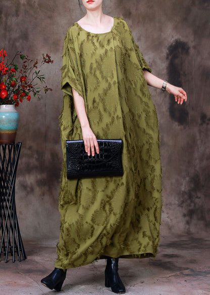 Green O-neck Asymmetrical Print Woolen Long Dress Batwing Sleeve
