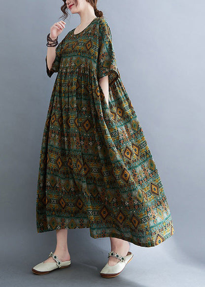 Green O-neck Patchwork Wrinkled Party Maxi Dress Short Sleeve