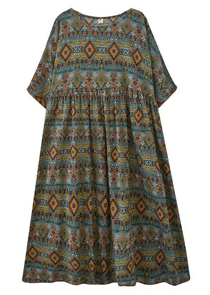 Green O-neck Patchwork Wrinkled Party Maxi Dress Short Sleeve