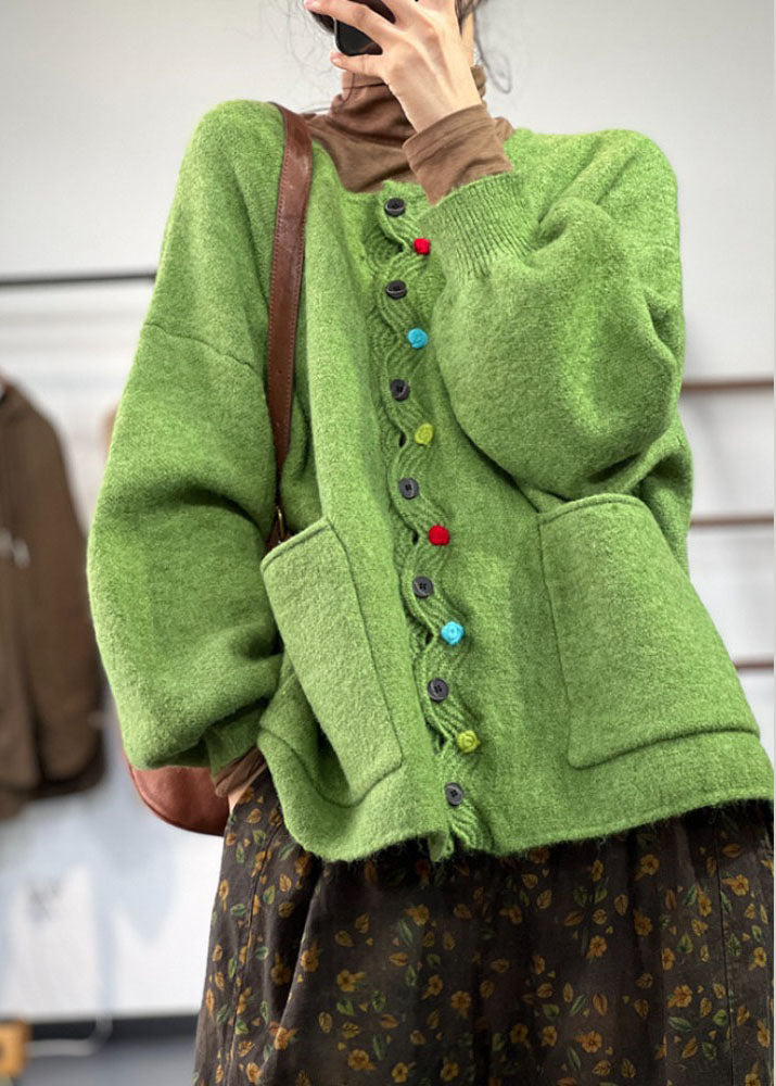 Green O Neck Pockets Button Knit Coat Spring