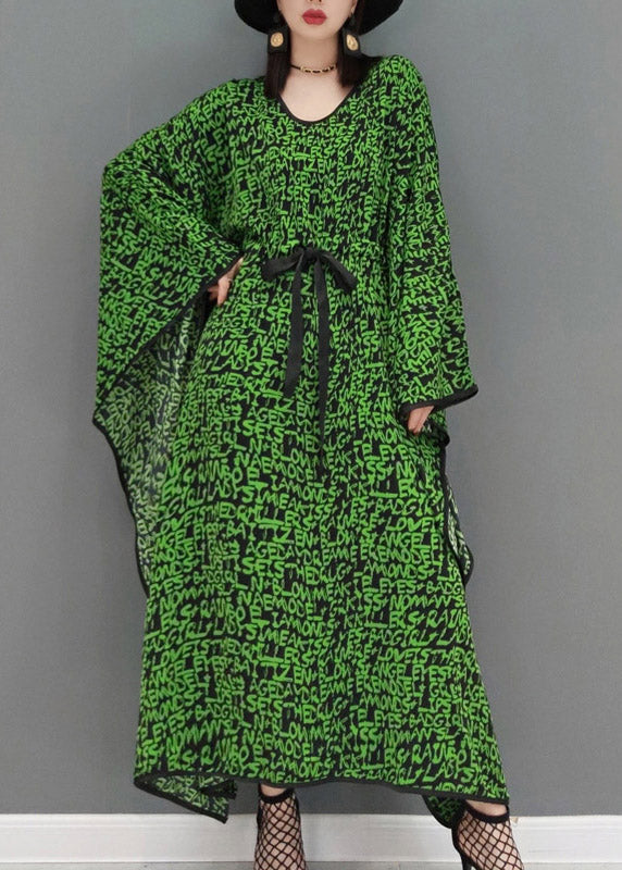 Green O-neck Print Batwing Dresses Long Sleeve