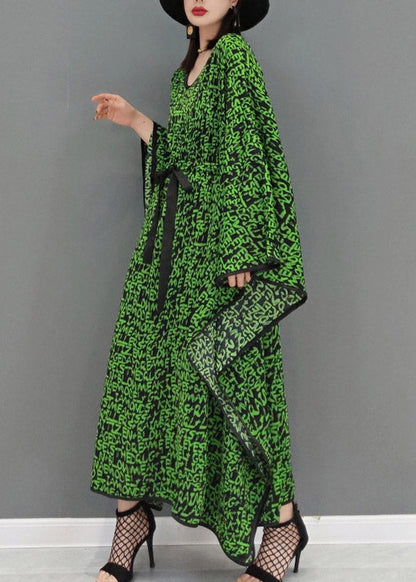 Green O-neck Print Batwing Dresses Long Sleeve
