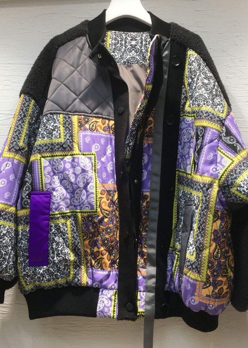 Green O-neck Print Button Pockets Thick Cotton Parka Long Sleeve