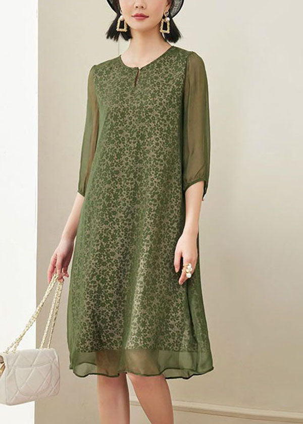 Green O-neck Print Chiffon a Line Dress Half Sleeve
