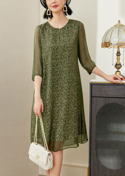 Green O-neck Print Chiffon a Line Dress Half Sleeve