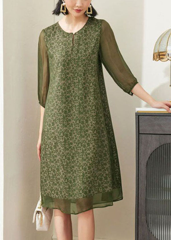 Green O-neck Print Chiffon a Line Dress Half Sleeve