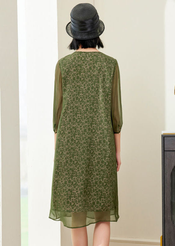 Green O-neck Print Chiffon a Line Dress Half Sleeve