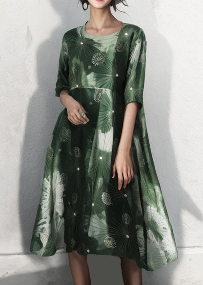 Green O Neck Print Cotton Dress Half Sleeve