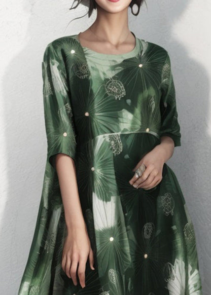 Green O Neck Print Cotton Dress Half Sleeve