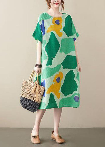 Green O-neck Print Cotton Holiday Dress Summer