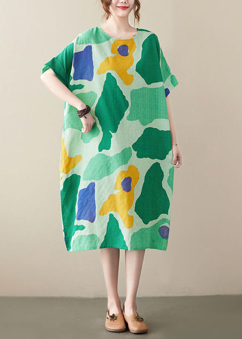 Green O-neck Print Cotton Holiday Dress Summer