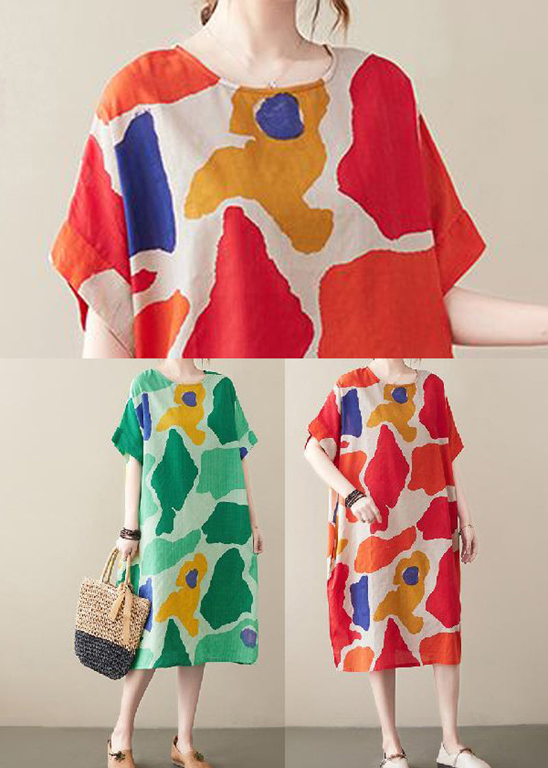 Green O-neck Print Cotton Holiday Dress Summer