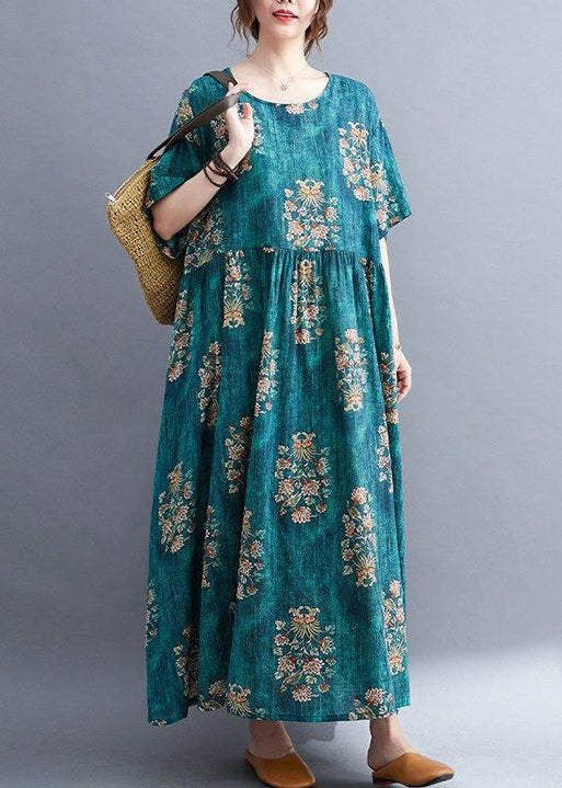 Green O Neck Print Cotton Long Dress Summer