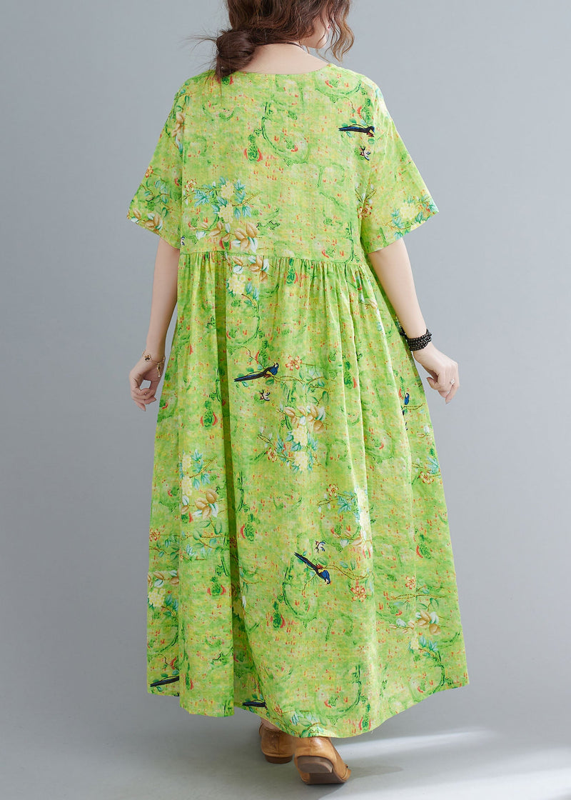 Green O-neck Print Exra Large Hem Wrinkled Cotton Long Dress Short Sleeve