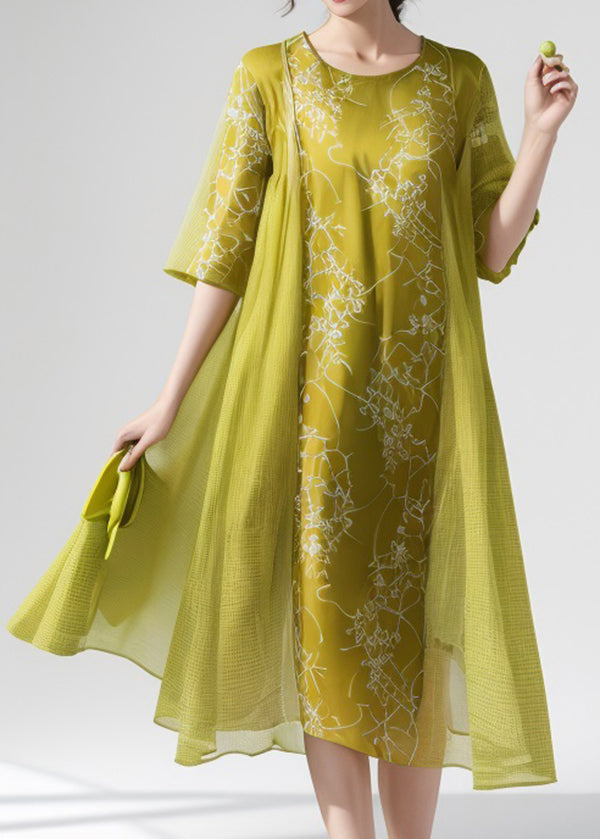 Green O Neck Print False Two Pieces Silk Dress Summer