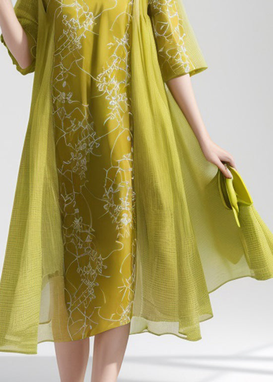Green O Neck Print False Two Pieces Silk Dress Summer