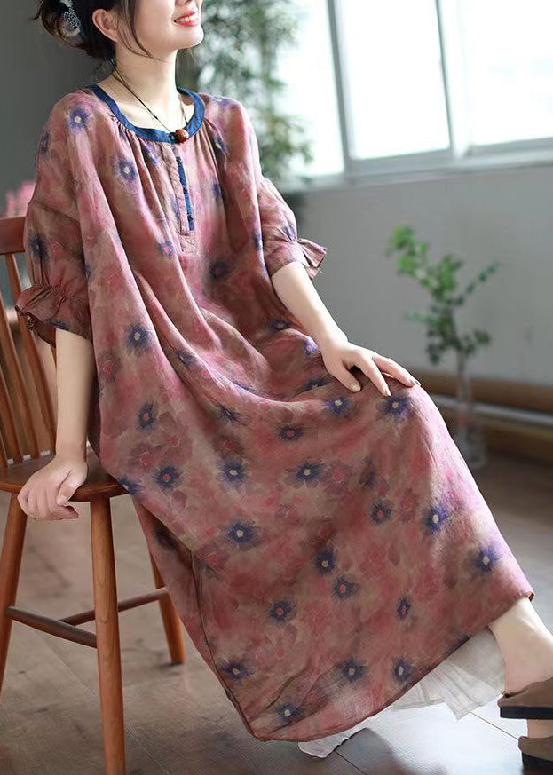 Green O Neck Print Linen Long Dresses Half Sleeve