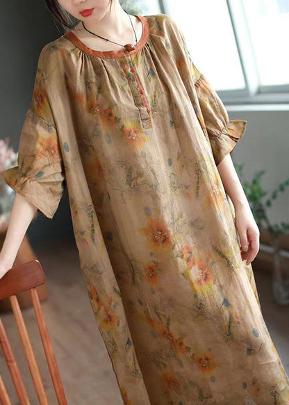 Green O Neck Print Linen Long Dresses Half Sleeve