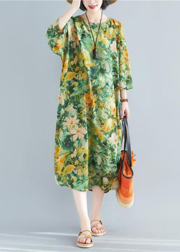 Green O-neck Print Linen Robe Dresses Bracelet Sleeve